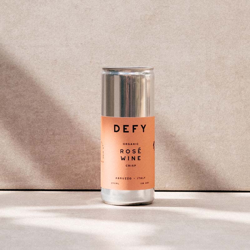 Can of DEFY Italian rosé wine; vegan organic and delicious – eco-friendly.